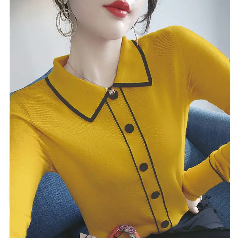 Fashion Lapel Spliced Button All-match Knitted Blouse Women\'s Clothing 2022 Autumn New Casual Pullovers Loose Office Lady Shirt