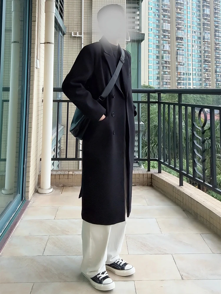 

Bla oulder Pad Woolen Coat Men's Winter Mid-Length Briti Sle Outerwear Ele Briti Casual Tweed Windbreaker