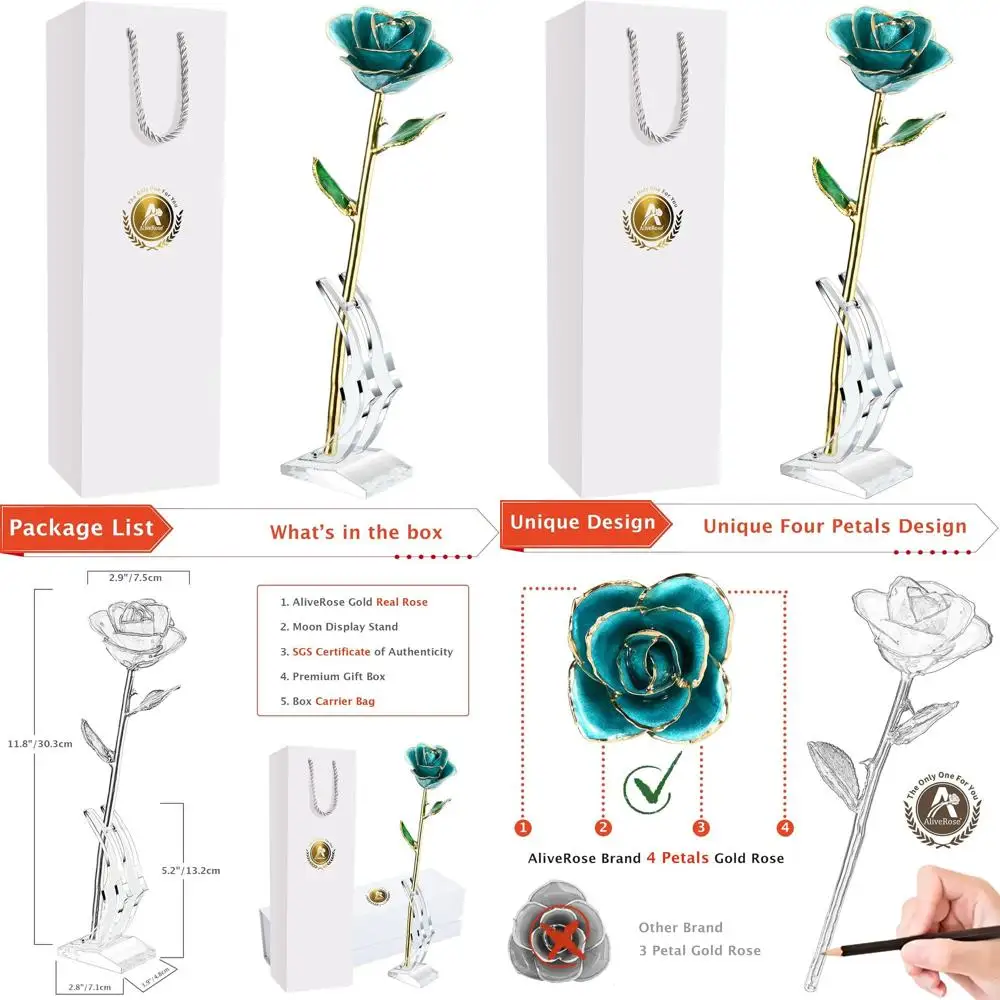 

Настоящая позолоченная роза 24K - уникальный подарок на День святого Валентина, годовщину, День матери, сине-бирюзового цвета, с подставкой