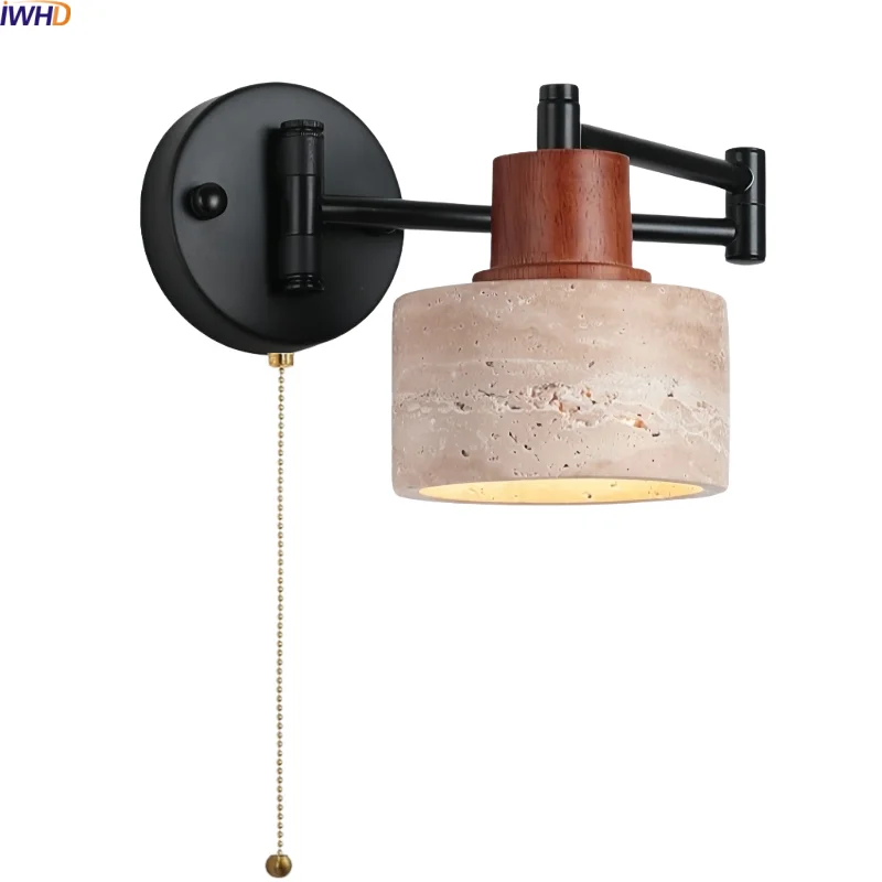 

IWHD Wabi Sabi LED Wall Lamp Sconce Indoor Kids Bedroom Reading Black Iron Arm Yellow Travertine Stair Light Applique Murale