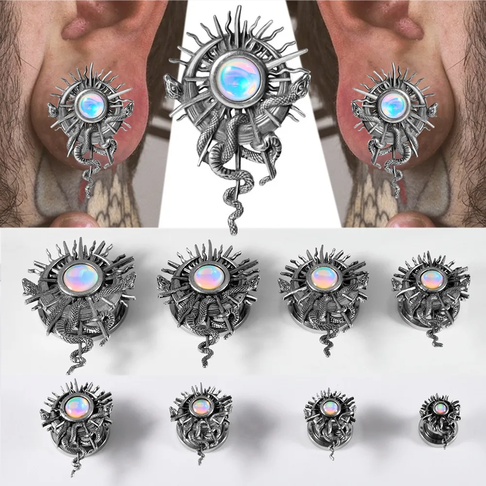 1pair Stainless steel white reflective film sun-shaped double-snake coiled external threaded pulley piercing ear stud