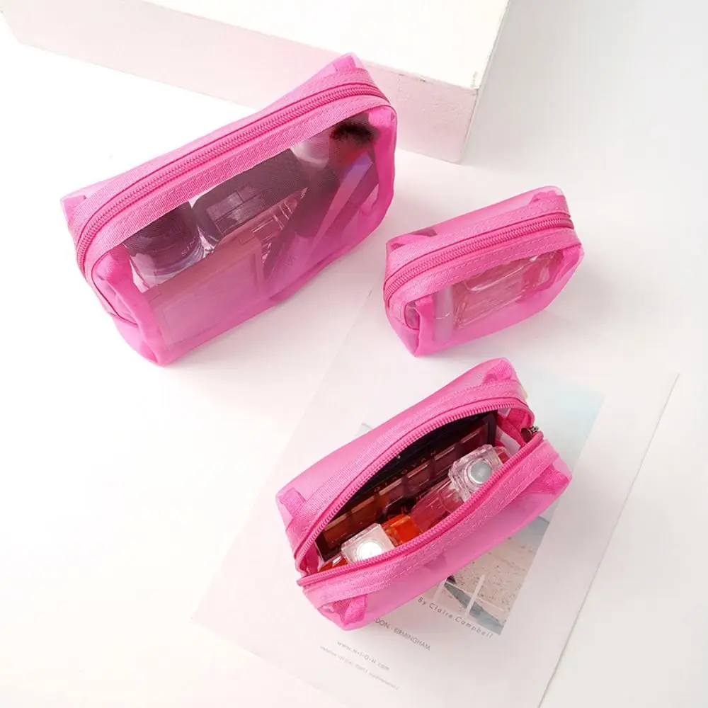 Solid Color Mesh Cosmetic Bag Large Capacity Storage Bag Transparent Makeup Bag Organizer Case Zipper for 3Pcs/Set