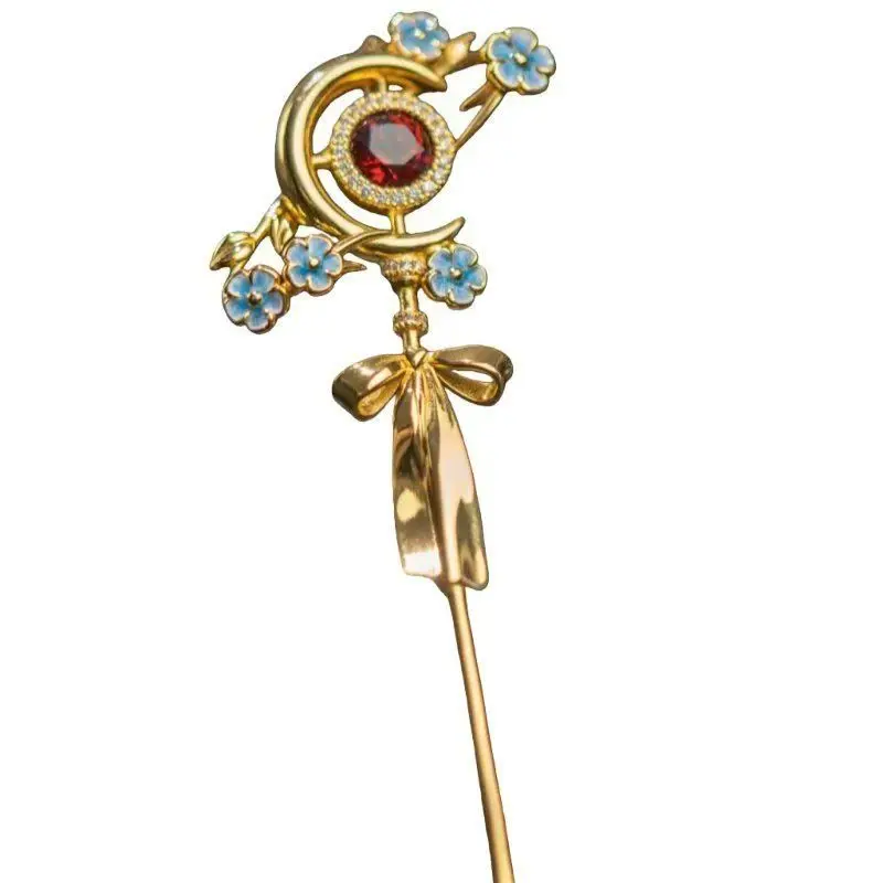 Delicate Blue Flower Moon Staff Pin Gold Metal Ruby Center Brooch Fashion Bag Collar Clip Jewelry Magical Girl Gift