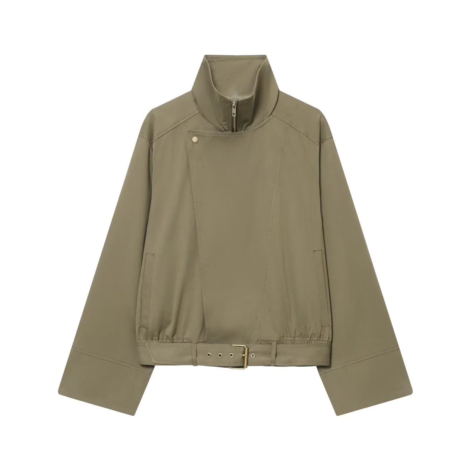 2025 invierno nueva moda Casual para mujer cinturón de cintura suelta corto cuello alto gabardina de manga larga, estilo elegante para ir al trabajo