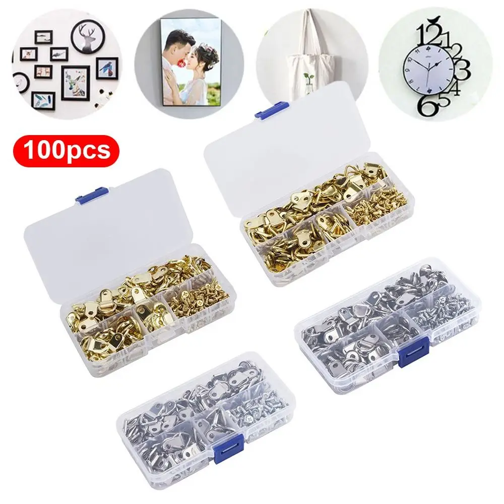 100Pcs Golden Double Hole Triangle D-Ring Hanging Picture Photo Oil Painting Mirror Frame Hook Hanger Furniture Accessories