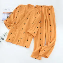 New 100% Cotton Crepe Women Long Sleeved Trousers Pajama Set V-Neck Carrot Printing Pajamas Kimono 2 Piece Soft Household Suit