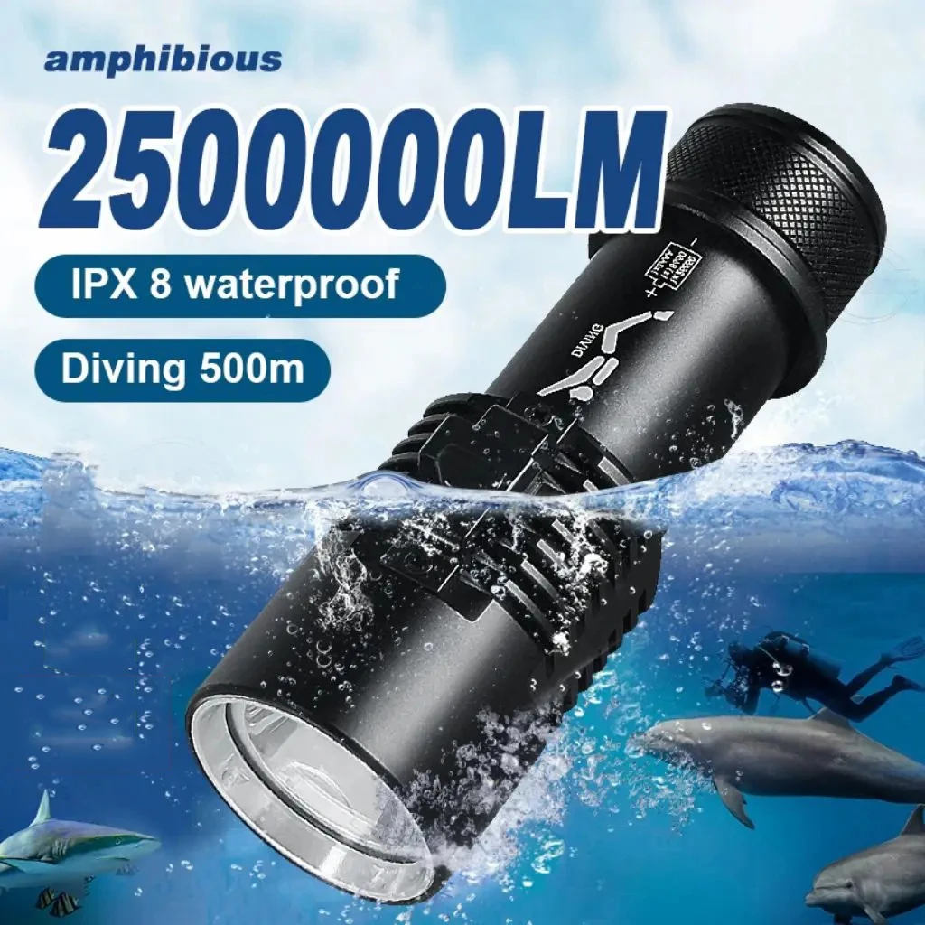Diving flashlight charging strong light XHP70 focusing long flashlight waterproof night diving lighting without battery