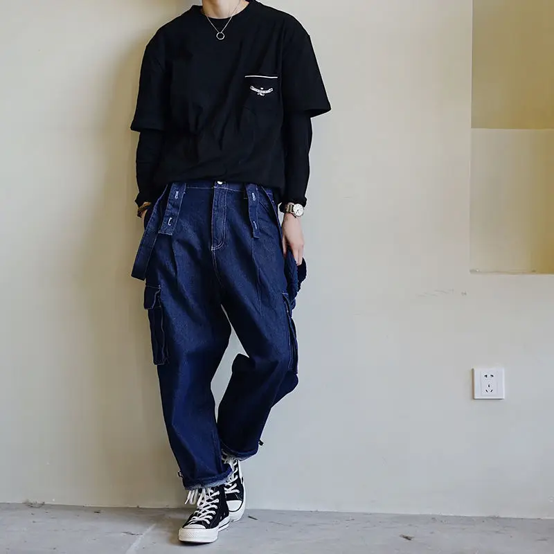 

Japanese Harajuku Retro Denim Overalls Retro Cargo Jeans Hip Hop American Casual Jeans Loose Straight Wide Leg Pants Side Pocket