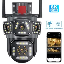 6K 12MP WiFi Camera Outdoor CCTV Three Screen Security Cam Home Video Surveillance Cam PTZ