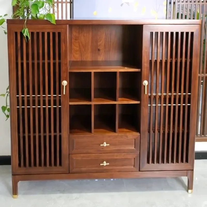 New Chinese side cabinet solid wood living room locker entrance ebony wood wall decoration shoe cabinet tea cabinet rack
