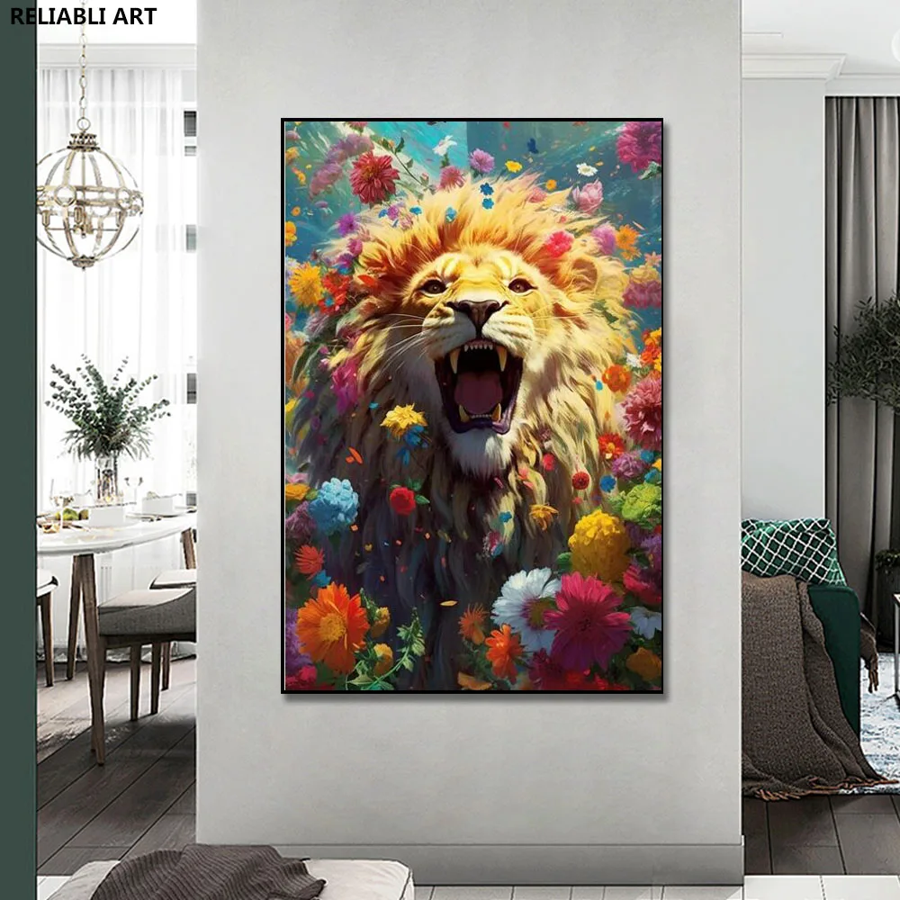 Póster De León que está de pie en un campo de flores, pintura en lienzo, impresiones de decoración de pared, imagen de Arte Moderno, decoración de habitación