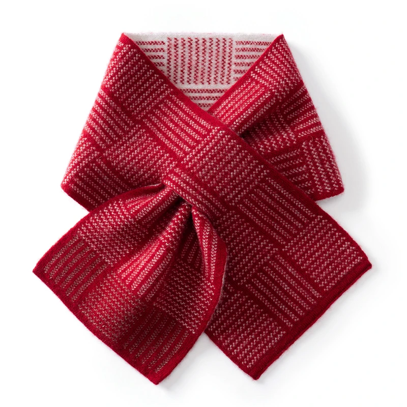 KOIJINSKY 35% Cashmere Retro Plaid Knit Small Scarf 85×18cm, Cross‑Over Neck Warmer, Geometric Pattern Soft Knitted Neck Scarf F