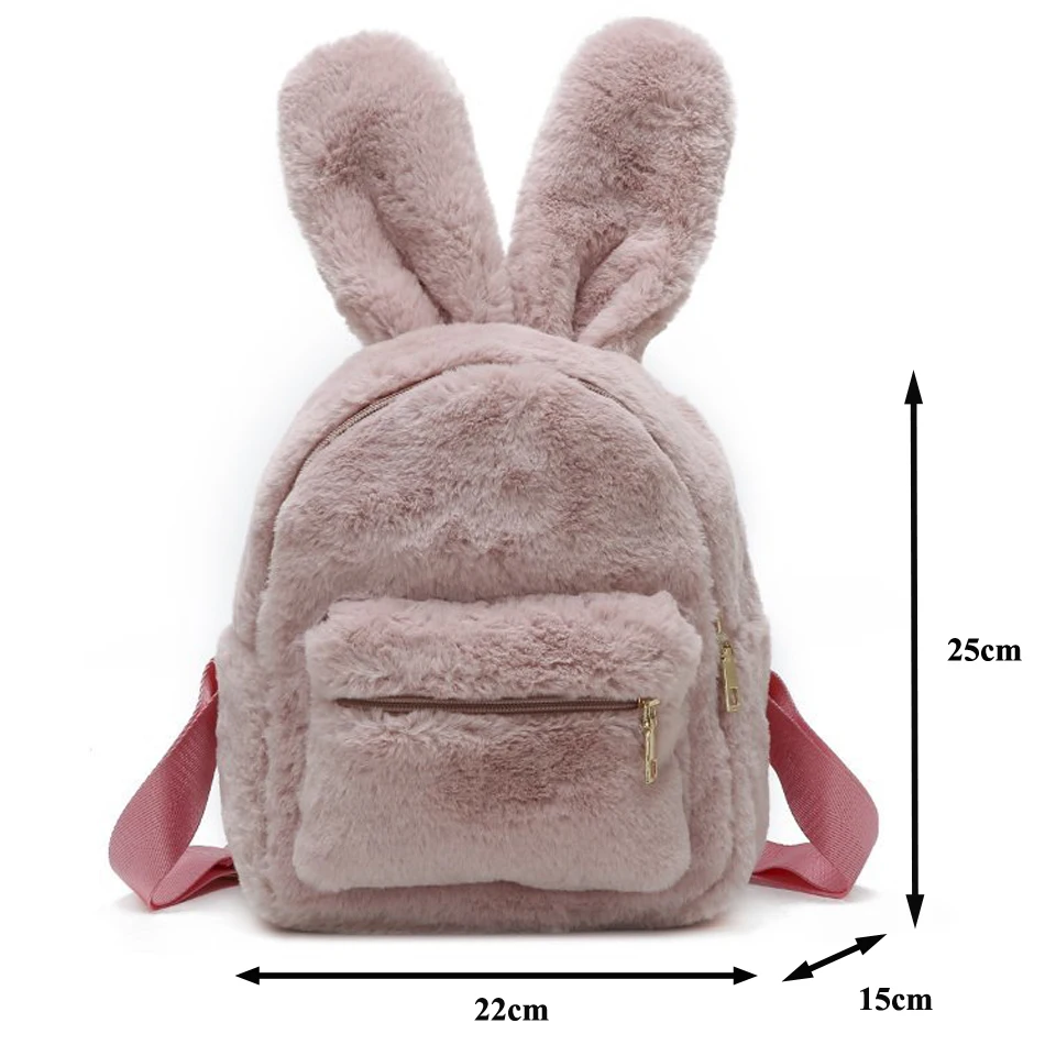 Mini mochila de felpa con Orejas de conejo para mujer, bolso esponjoso liso de piel sintética, mochilas peludas Kawaii para chicas adolescentes,