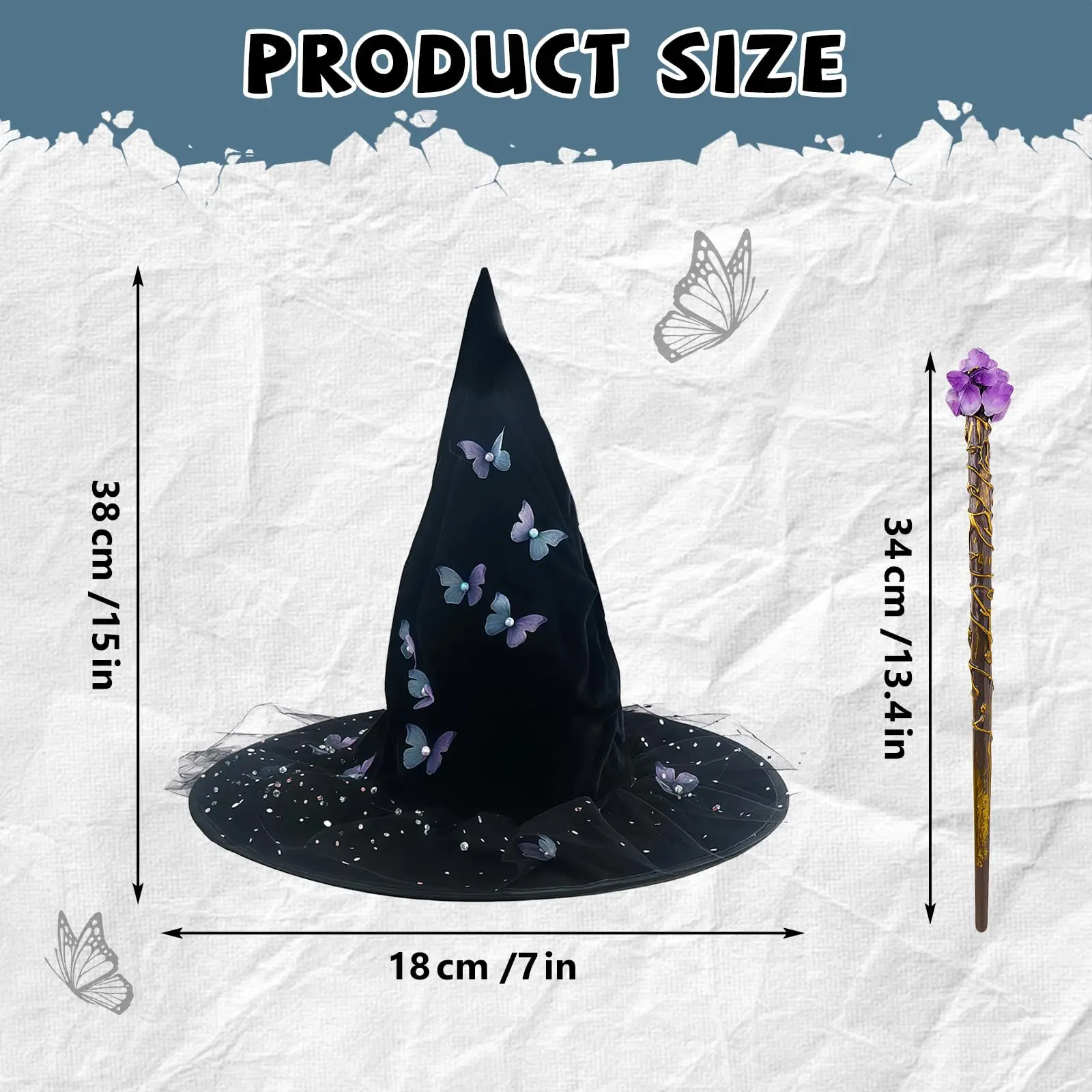 Chapeau de sorcière papillon, baguette de Cosplay, baguette de sorcière en cristal violet, une vigne, chapeau de magicien pointu pour Halloween, accessoires magiques