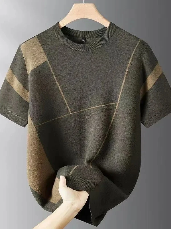 

Удобный мужской вязаный свитер с коротким рукавом, приталенный, повседневный, модный, с лоскутным узором, теплый, дышащий, мягкий