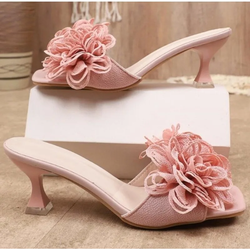 Women Flower High Heel Slippers Casual Walking Shoes Female Summer Fashion Dress Sandals Outdoor Pink Stiletto Zapatillas Mujer