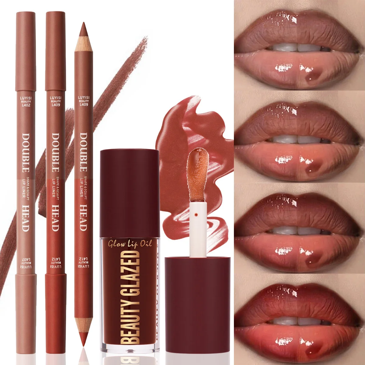 3pcs/Set Lip Makeup Set,2pcs Matte Dual-Color Lip Liner+1pc Moisturizing Lip Gloss,Texture&Soft Lip Kit,Moisture And Waterproof.