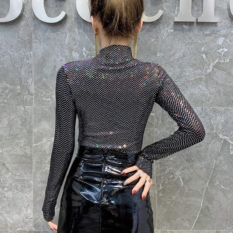 #7901 Shinny Sequins T Shirt Women Sexy Basic Turtleneck T Shirt For Women Long Sleeved Slim Tight T-shirt Femme Tee Shirt