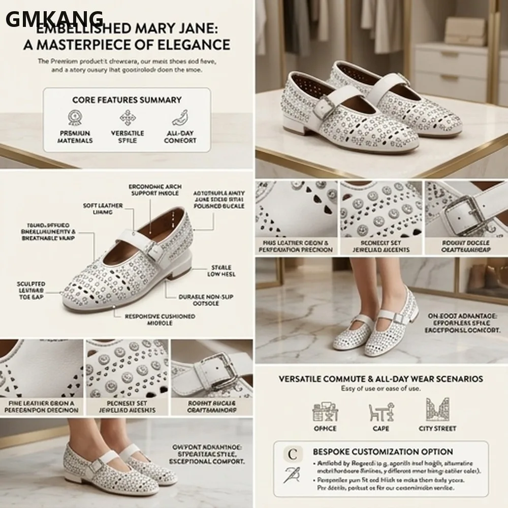 Rhinestone Ballet Flats for Women, Mesh Single Buckle Mary Jane Shoes, Hollow Rivet Design, Lightweight