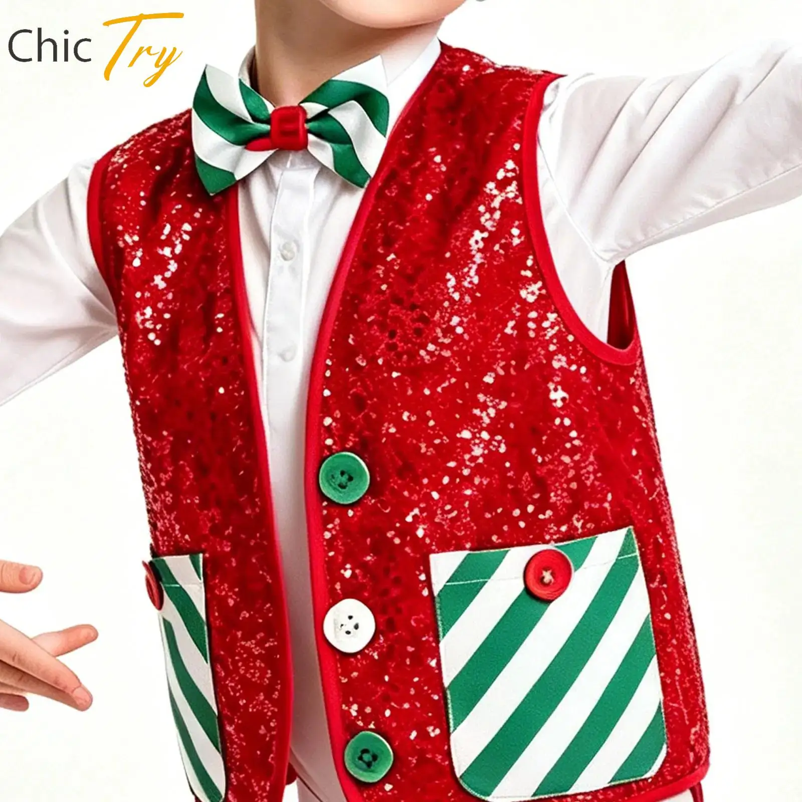 Mädchen Latin Jazz Tanzbekleidung Jungen Weihnachtsmann Elf Kostüm Pailletten Ärmellose Weste mit Taschen und Fliege