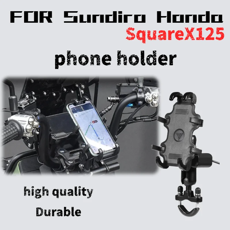 For Sundiro Honda Square X125 motorcycle phone holder with handlebar extension bar and round hook.