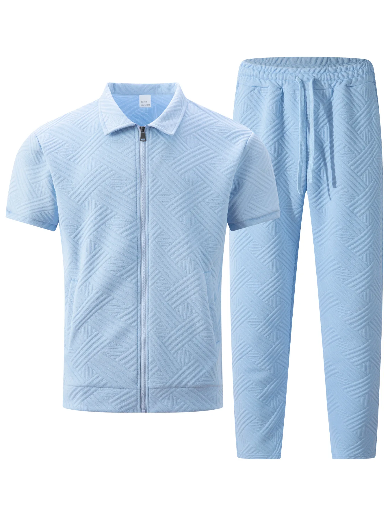 Men's Summer 2026 Solid Color Jacquard Zipper Cardigan Short-Sleeved Jacket And Long Pants Set Casual Fashion Outfit - Image 6