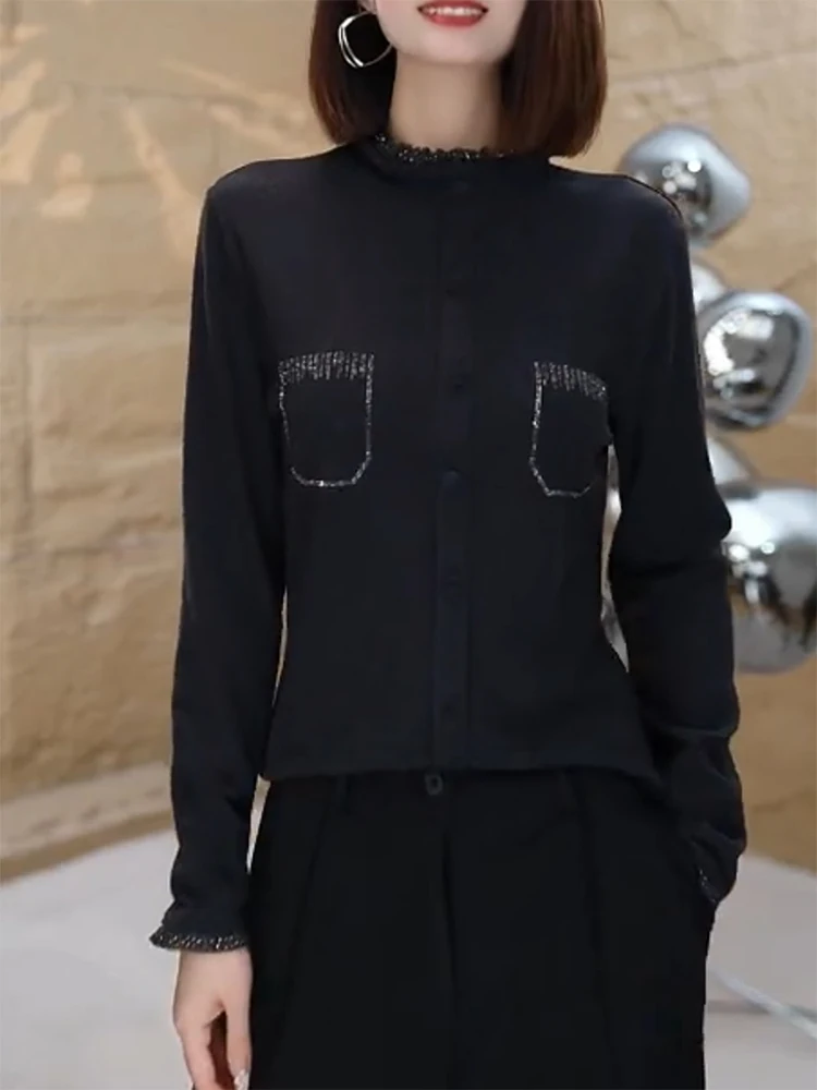 

Ele Knitted Open Cardigan f High Collar Women's plus Size Slimming Top with Rhinestones Autumn Winter New Arrival