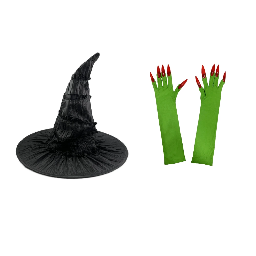 

Black Ruched Wicked Witch Hat for Women Men Halloween Gloves Long Nails Ghost Claws Halloween Party Cosplay Costume Accessory