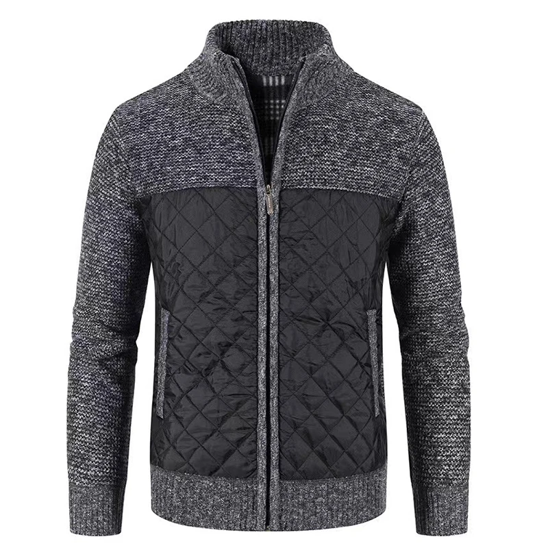 Autumn Winter Men's Casual Collar Long-sleeved Sweater Cardigan Jacket Striped Plaid Zipper Color Matching Warm Knit Jacket