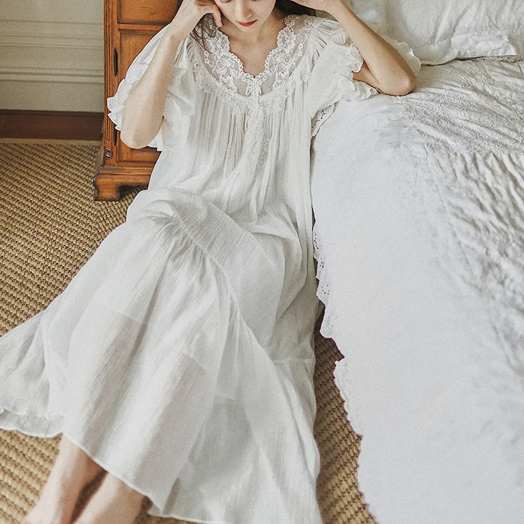 

French Fairy Princess Sweet Beautiful European Nightgown Women Long White Short Sleeve Summer Thin 100% Pure Cotton Nightdress