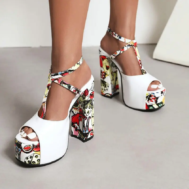 Colorful Print Cover Heel Block Heels Open Toe Women Sandles Ankle Wrap Party Dress Shoes Fashion Sexy Ladies Heeled Sandals