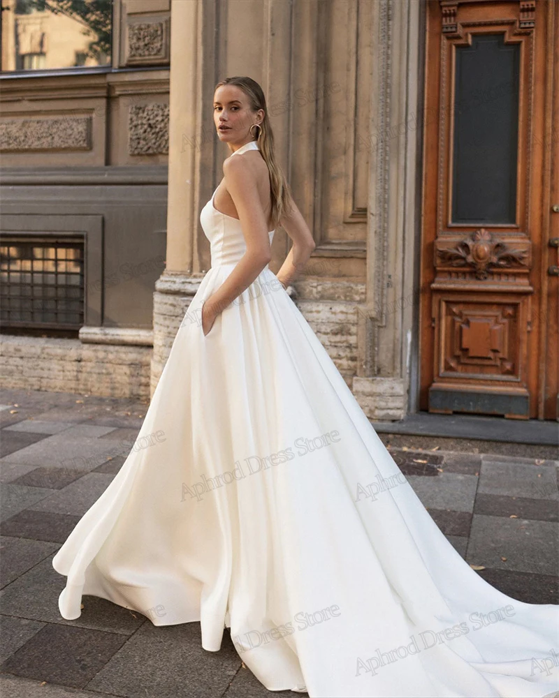 Vestidos De Novia De satén sin mangas con cuello Halter para fiesta Formal, vestido De Novia Simple, línea A, largo hasta el suelo