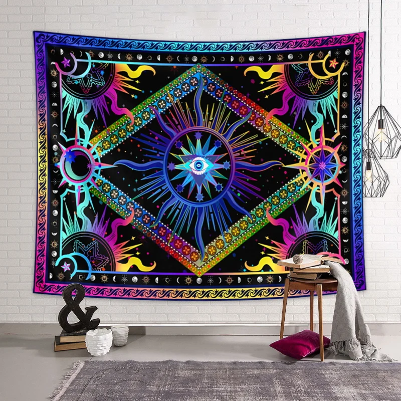 1pc fluorescente burning sun e arazzo a luce nera, arazzo geometrico in stile hippie UV, decorazione della stanza da appendere alla parete