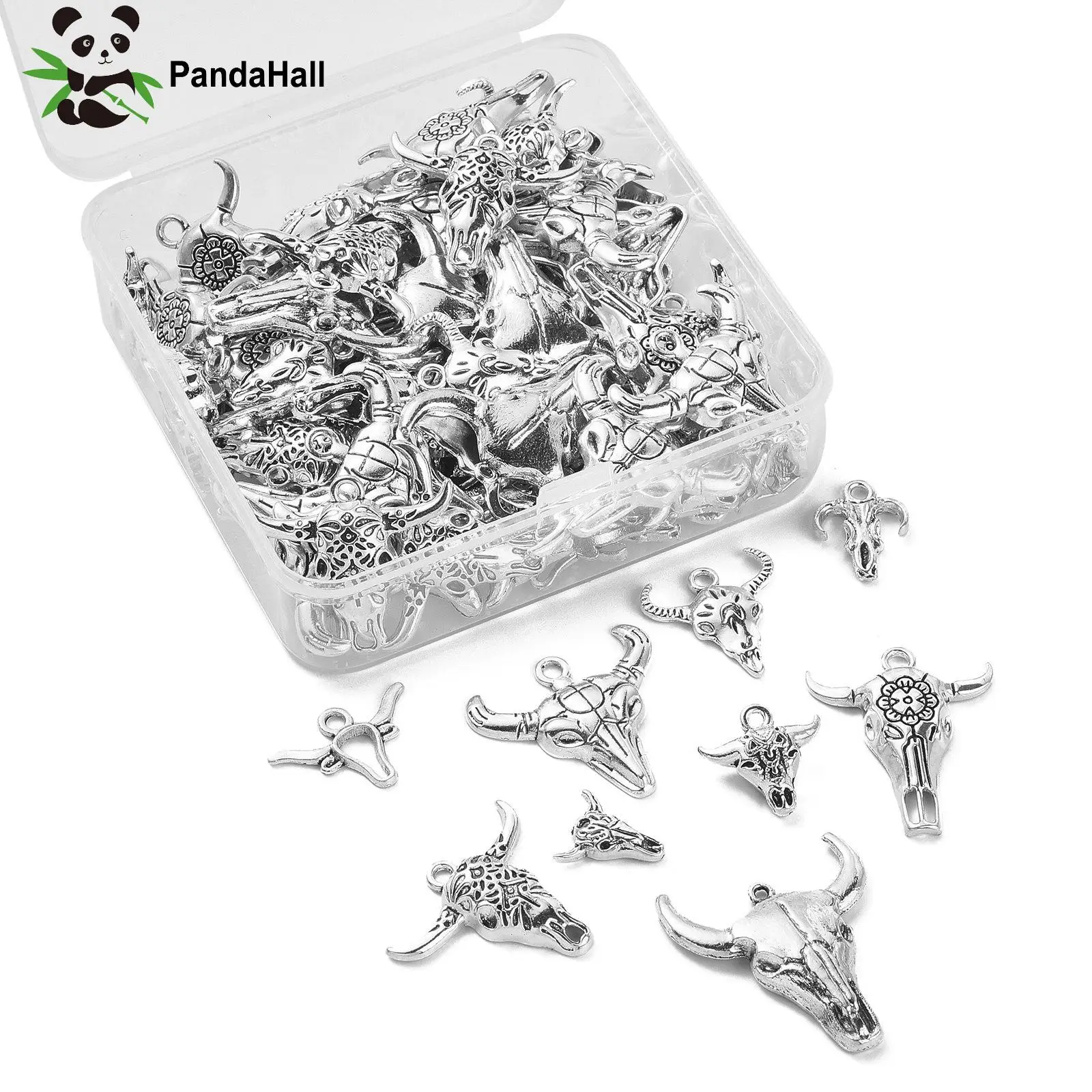 PandaHall 00Pcs 10 Styles Antique Silver Cow Charms Western Cattle Head Charms for Jewelry Craft Making