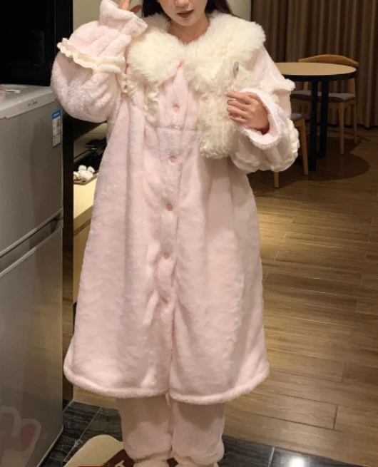 حجم كبير الحلو الوردي الأميرة الحد من العمر ثوب النوم النساء الخريف الشتاء سميكة الدافئة المرجان بيجامة من الصوف المتسكعون مجموعة #4