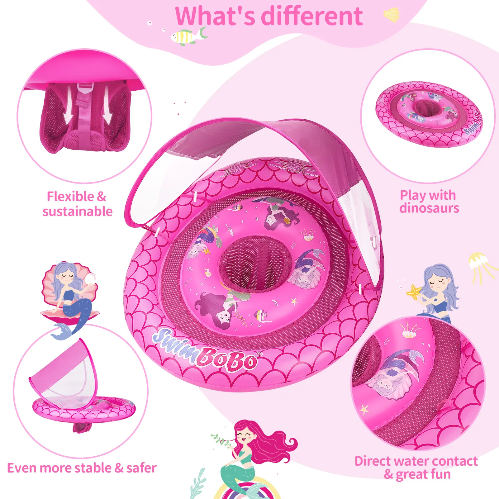 Swimbobo Child Inflatable Swimming PVC Thicken Mesh Seat Cush Boat Floating Water Toy Baby Swim Rings Pool Float With Canopy