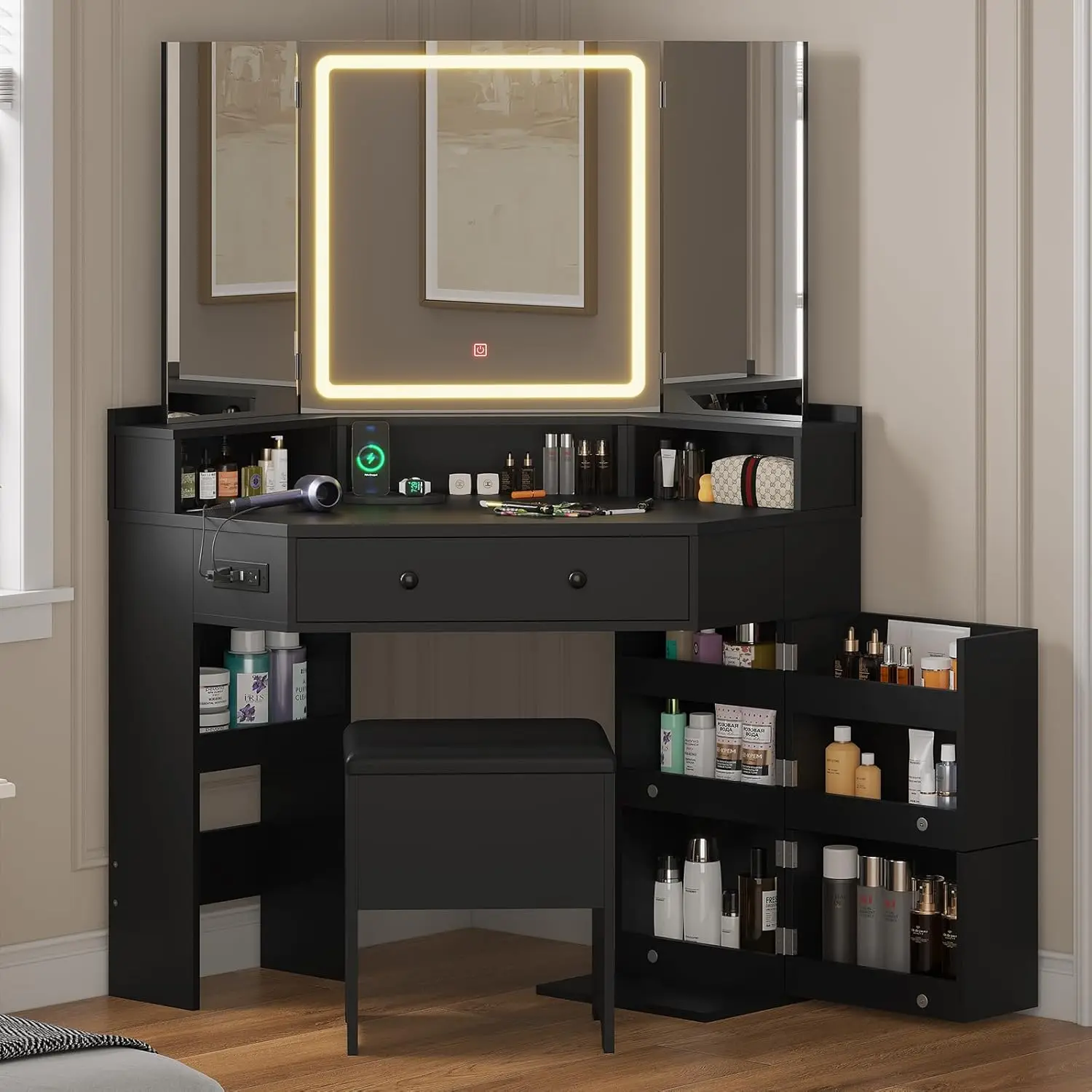 i*-Corner Vanity with Tri-Fold Mirror & Cushioned Storage Stool, Makeup Vanity with Charging Station, Vanity Desk with