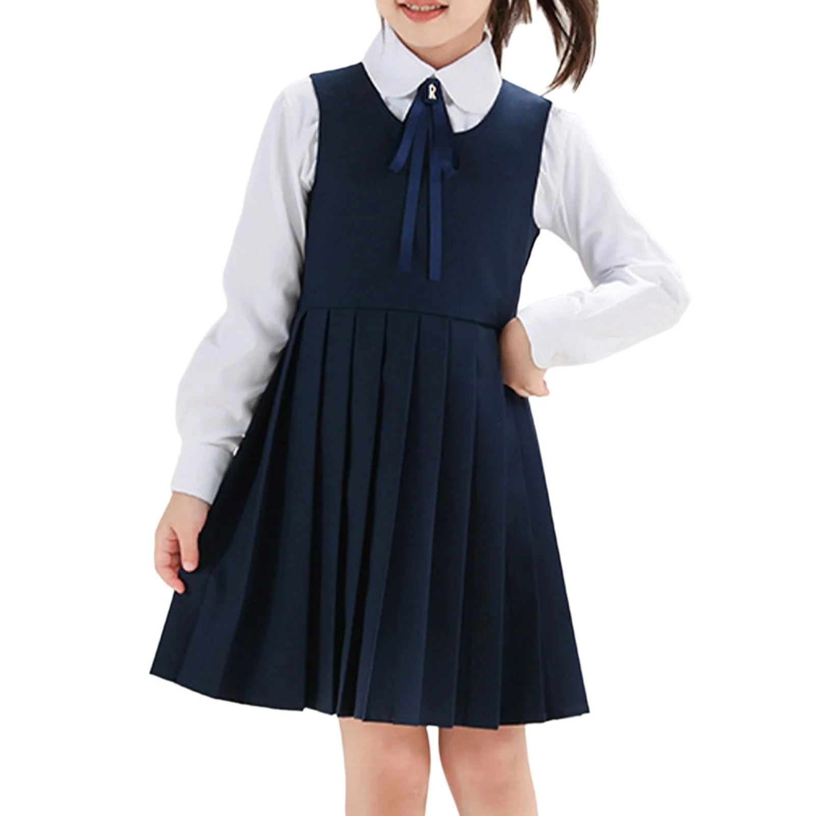 

Kids Girls School Uniform Dress Jumper Dress Student Costume Round Neck Sleeveless Back Invisible Zipper A-line Pleated Dress