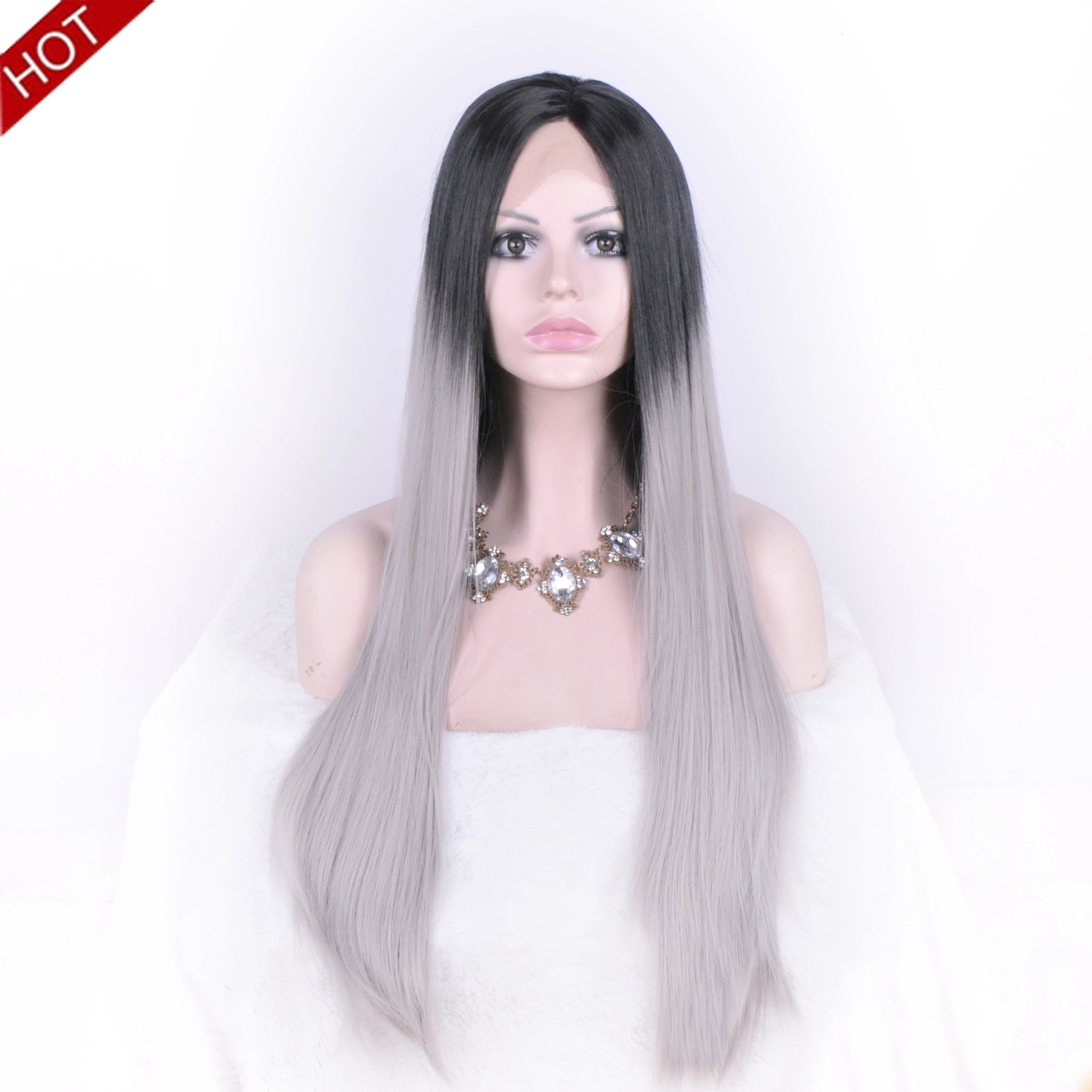 Schwarz zu Grau Gerade Synthetische Lace-Front-Perücke für Frauen 100% Handgefertigt Ombre-Farbverlauf Lange Perücke mit Natürlichem Look