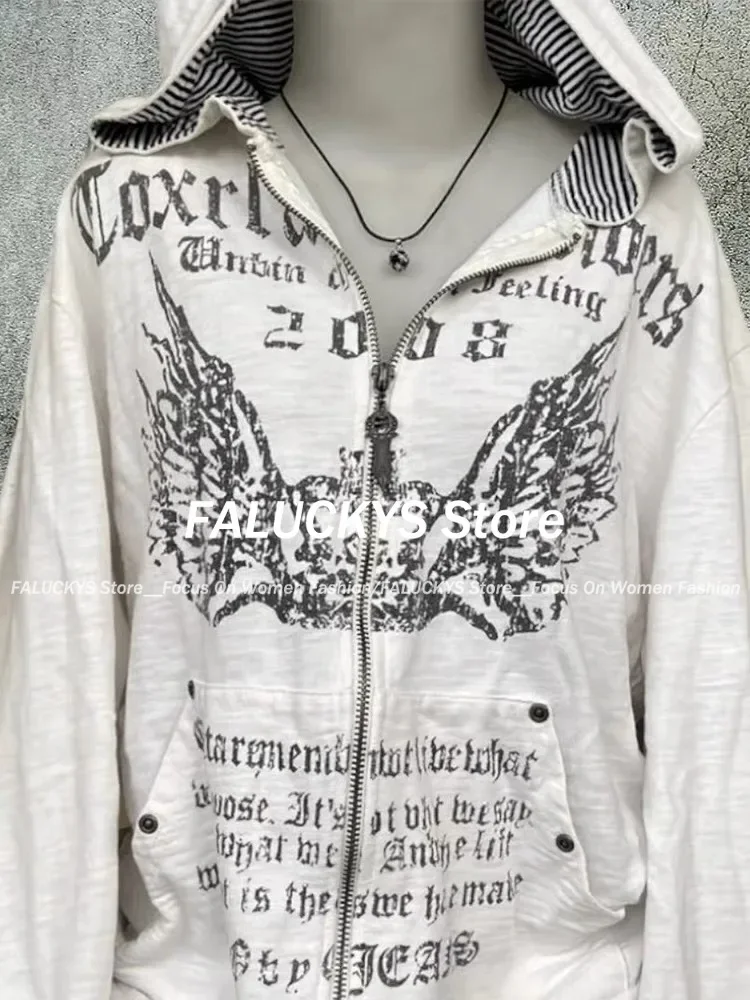 2024 Grunge Print Slim Waist Y2k Hoodies Hooded Autumn Zip Up Sweatshirts Vintage Women Clothing Casual Fashion Long Sleeve Tops