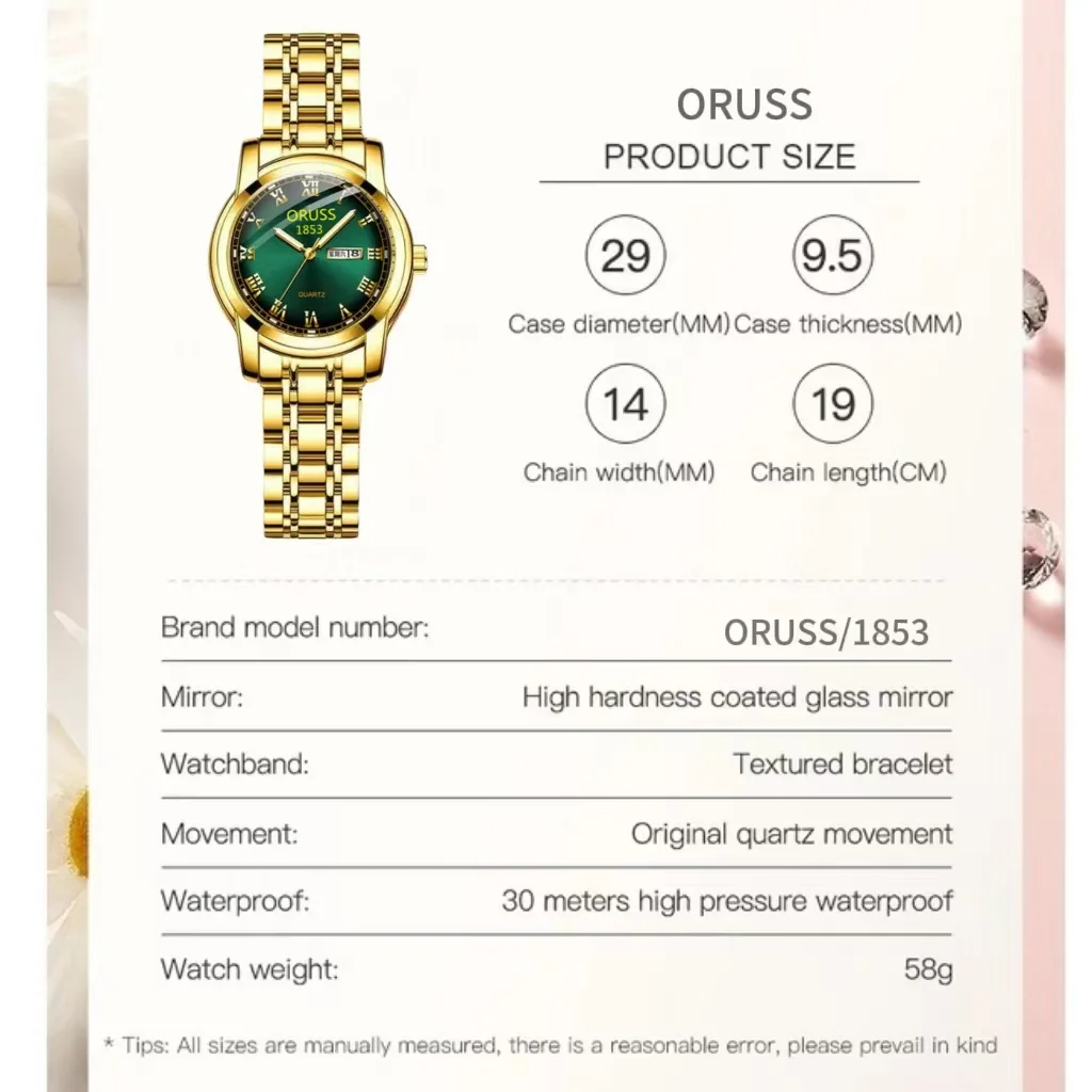 Reloj de cuarzo de marca de lujo ORUSS para mujer, reloj de pulsera resistente al agua de acero inoxidable para mujer, reloj de pulsera con esfera de diamante a la moda para mujer, nuevo en