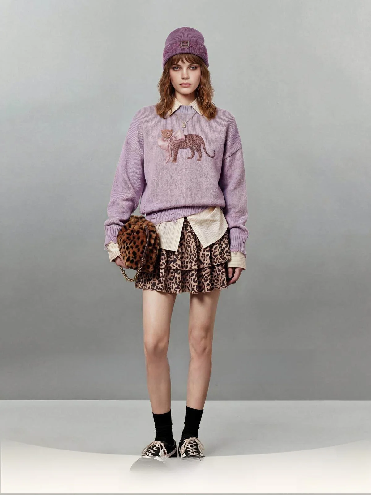 

Uncle Purple Knitted Sweater Women's Spring 2026 New Sle Leopard Print Casual Hole Faion Top Loose Fit Long Sve