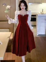 2025 Red Velvet Satin Luxury Elegant Dress for Wedding Women Spring Autumn Long Sleeve Bodycon Dress Korean Vintage Party Dress