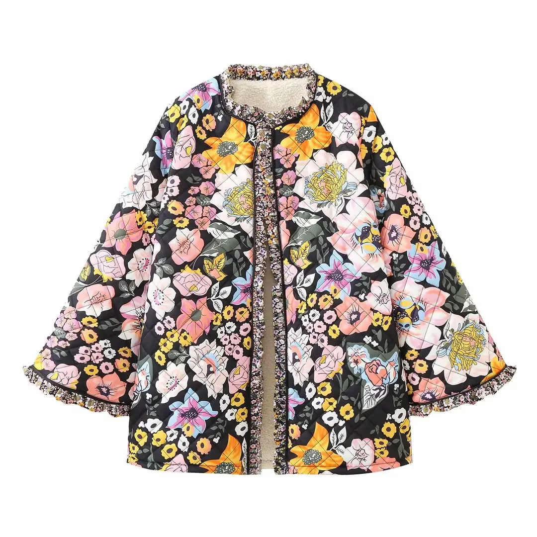 Spring and Autumn European and American Retro Printed Cotton Patchwork Leaf Lace Cotton Jacket Coat for Women