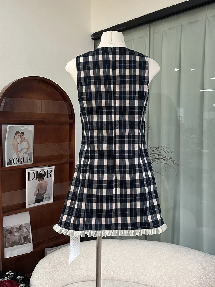 Estate coreano Vintage Plaid Mini abito donna vecchi soldi abiti senza maniche 2000s Party Preppy Mori Girl One-Piece o-collo elegante