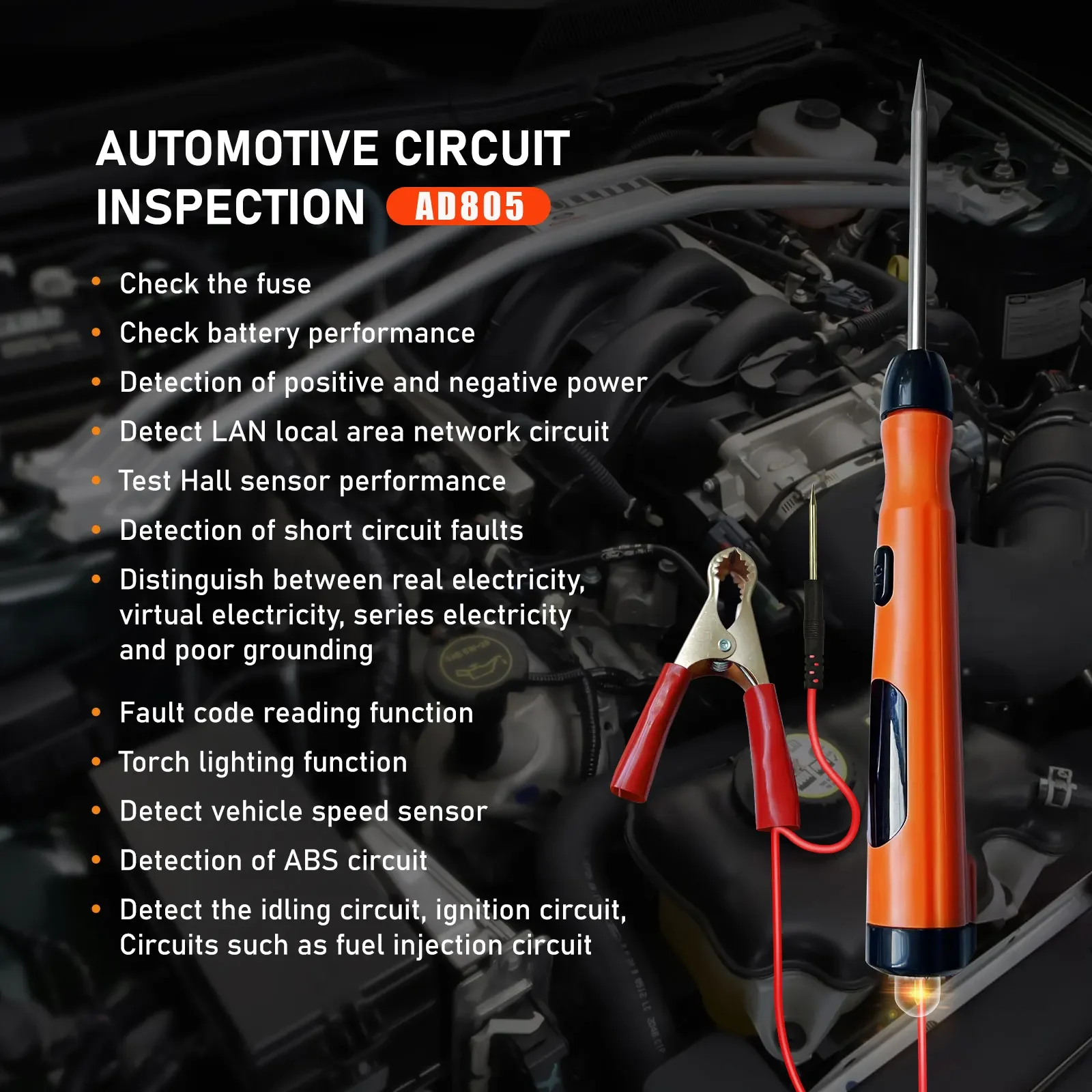 

AutoDiag AD805 Автомобильный тестер цепей DC Цифровой дисплей Светодиодный 12 В 24 В нагрузка Полярность Тест напряжения Ручка Зонд электрической цепи