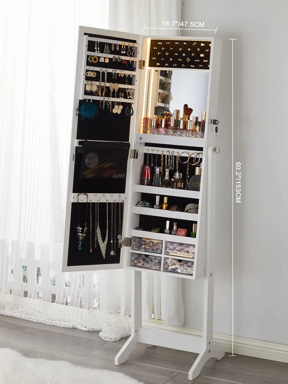 LED Mirror Jewelry Cabinet Wardrobe, Freestanding Jewelry Storage Cabinet with Full Length Mirror