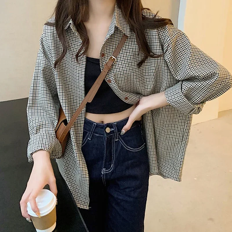 

Vintage Plaid Shirts for Women Spring Autumn Long Sleeve Loose Casual Blouse Woman Korean All-Match Buttons Up Blusas