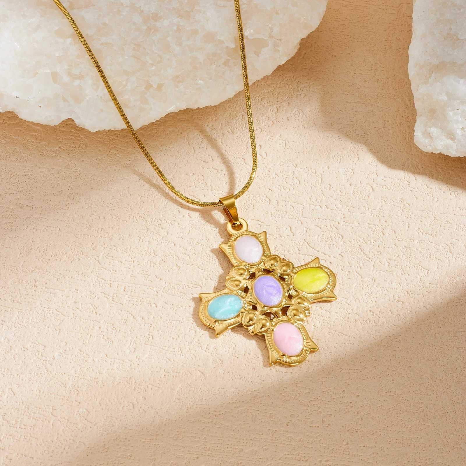 Edelstahl Bunte Emaille Geometrisches Kreuz Anhänger Halskette Damen Mode Böhmische Halskette Schmuck Geschenk