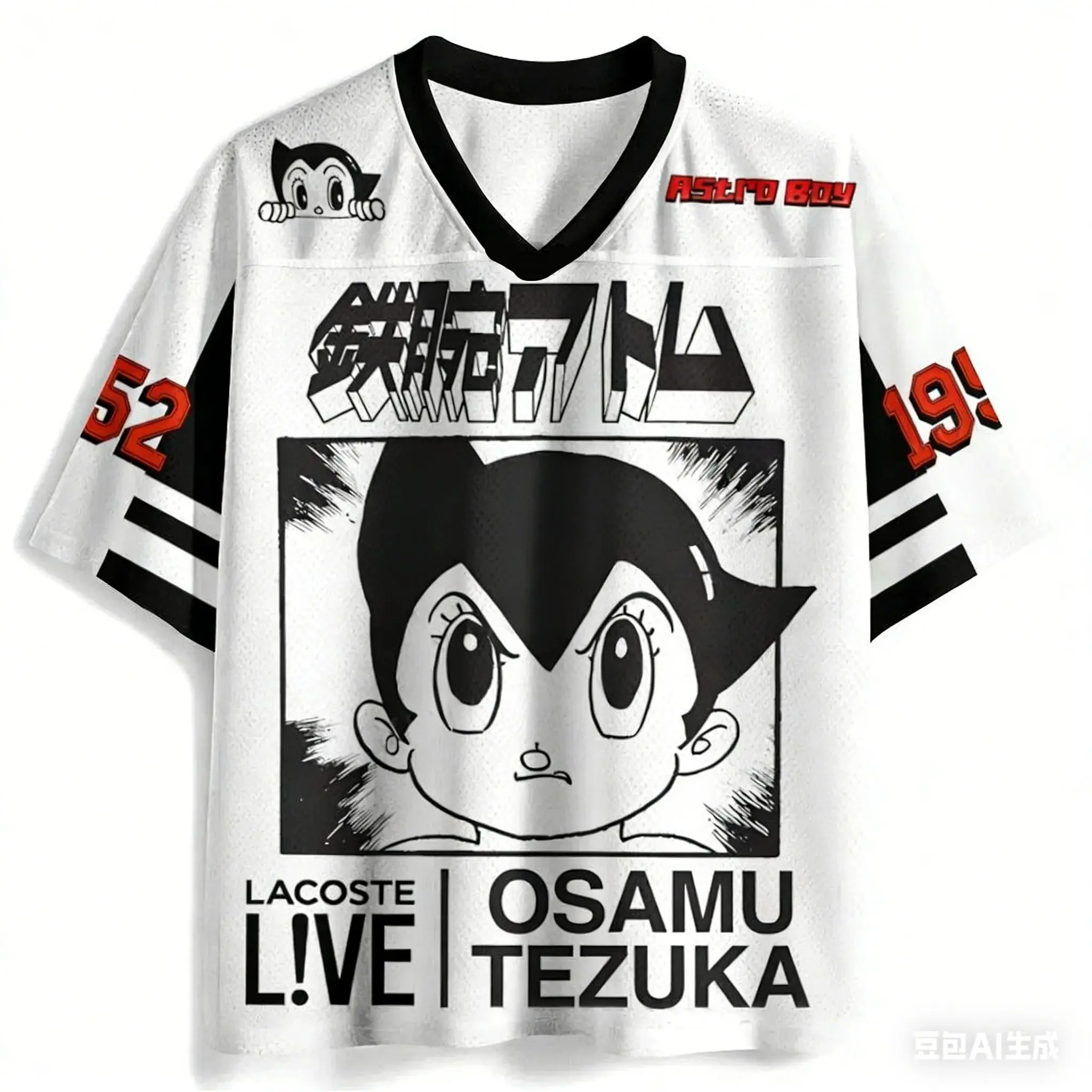 2026 Retro Astro Boy Osamu Tezuka Print Mesh Jersey T-Shirt Herren Oversized Streetwear V-Ausschnitt Lässiges Anime Kurzarm-Oberteil – Detail 5